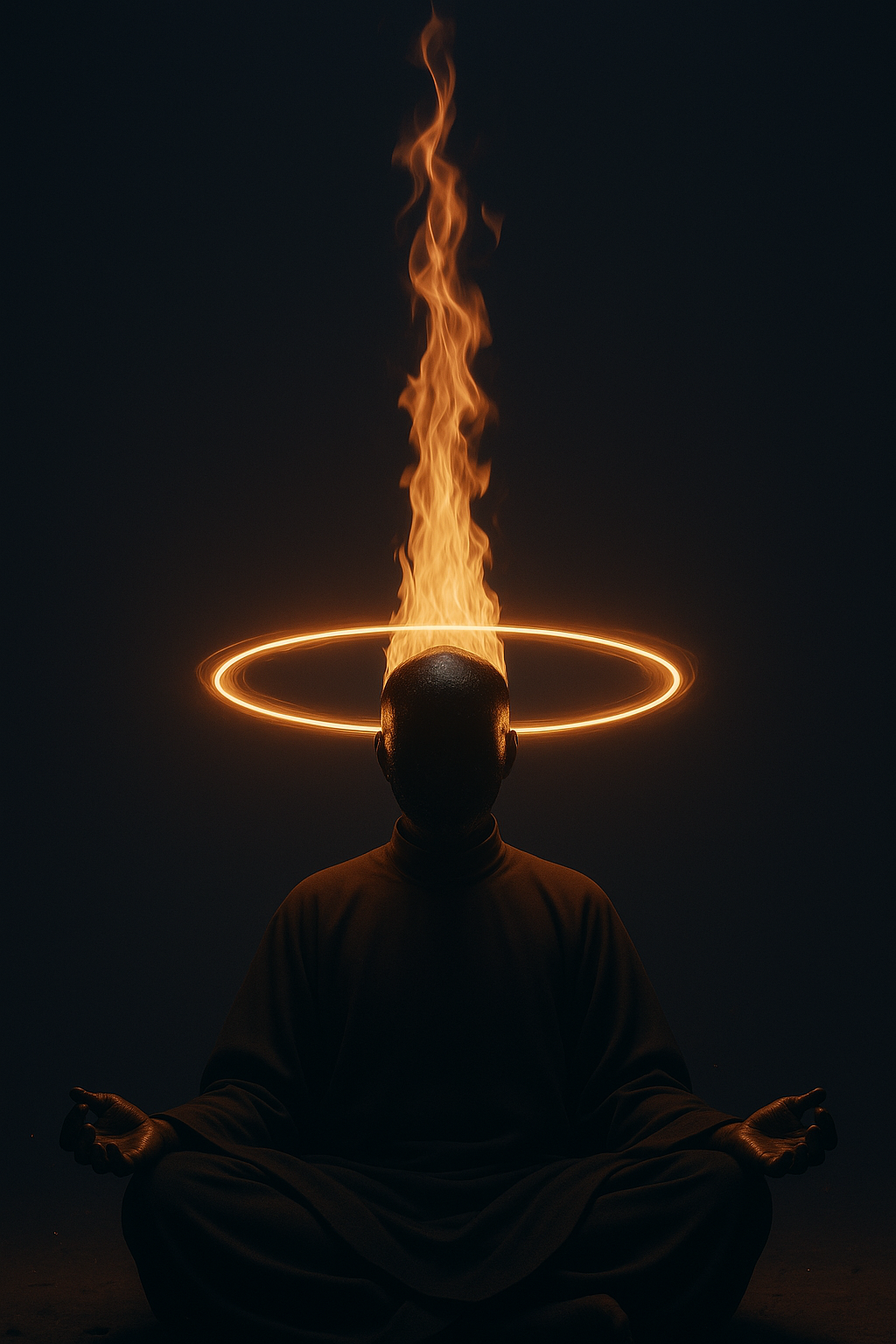 Meditating warrior figure in darkness with a ring of fire above head — Hustler War War Manifesto, Born in Darkness Forged in Sacrifice