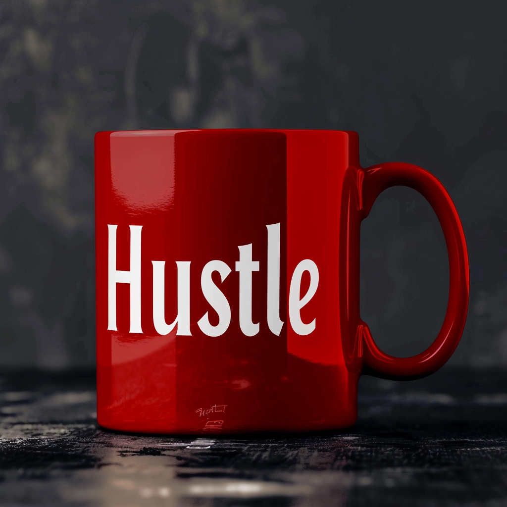 Red coffee mug with bold white 'Hustle' text on a dark surface — symbolizing branding, identity, and hustle culture.